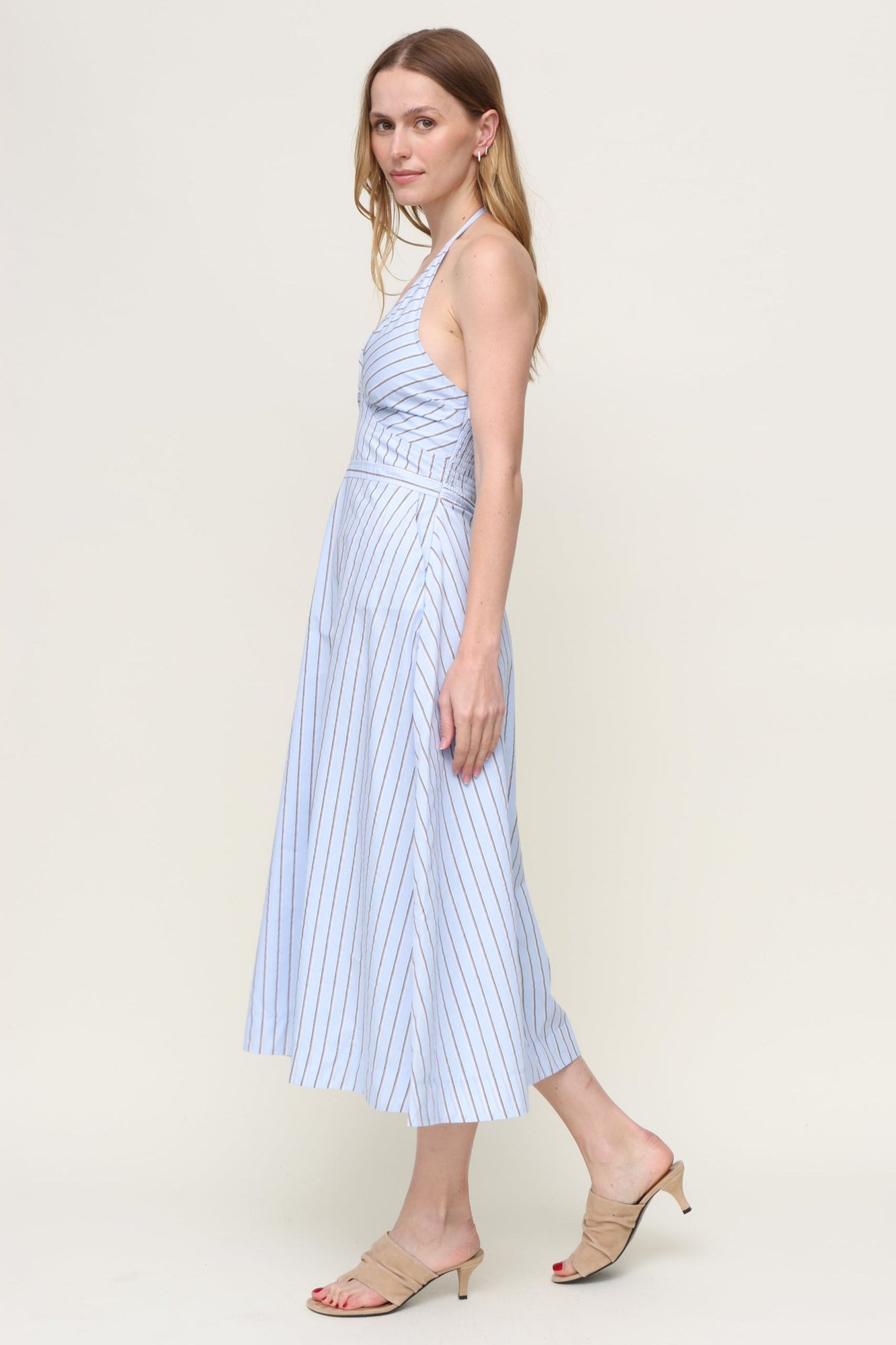 Central Park West | Mia Striped Halter Midi Dress | Blue