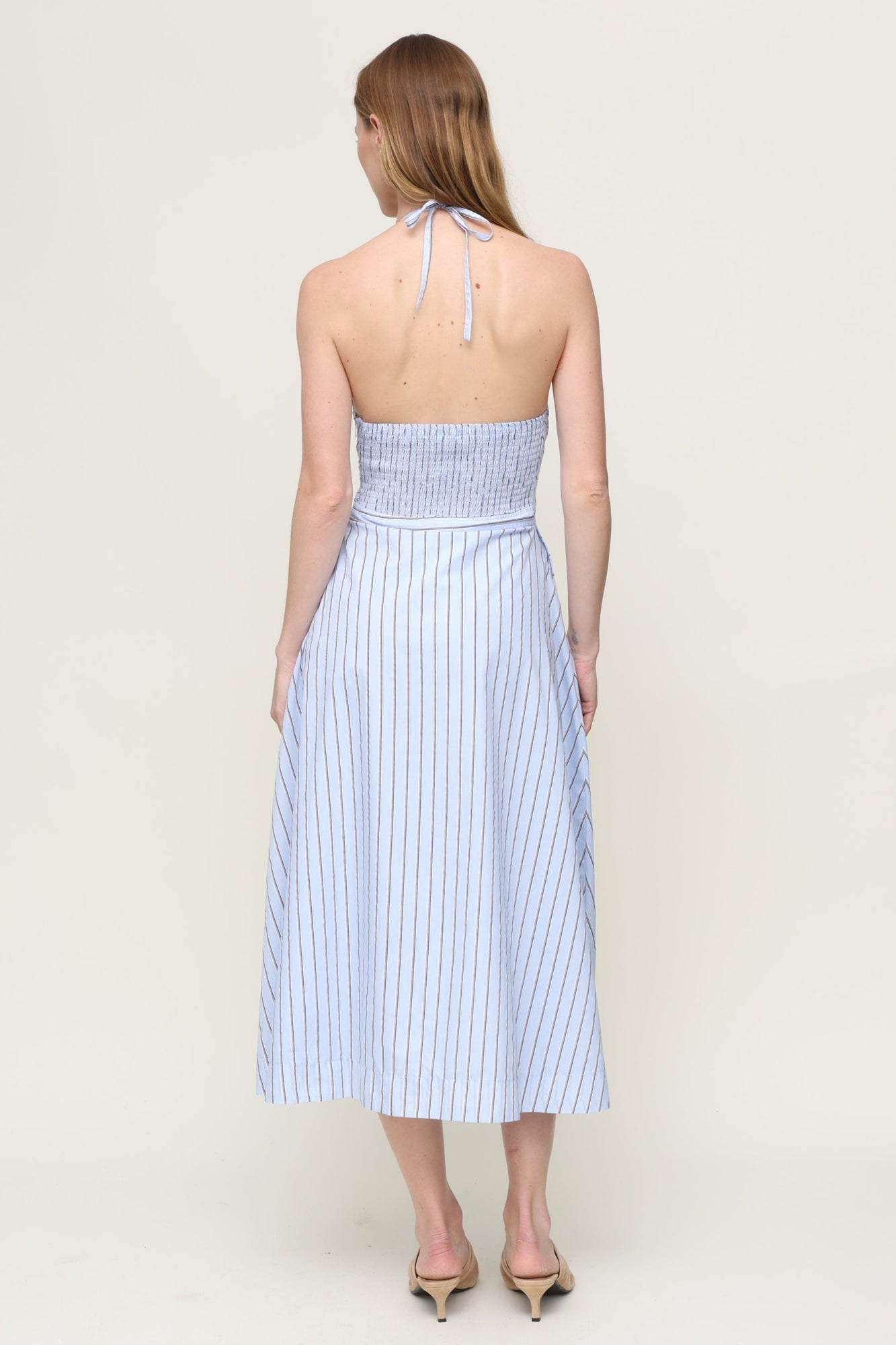 Central Park West | Mia Striped Halter Midi Dress | Blue