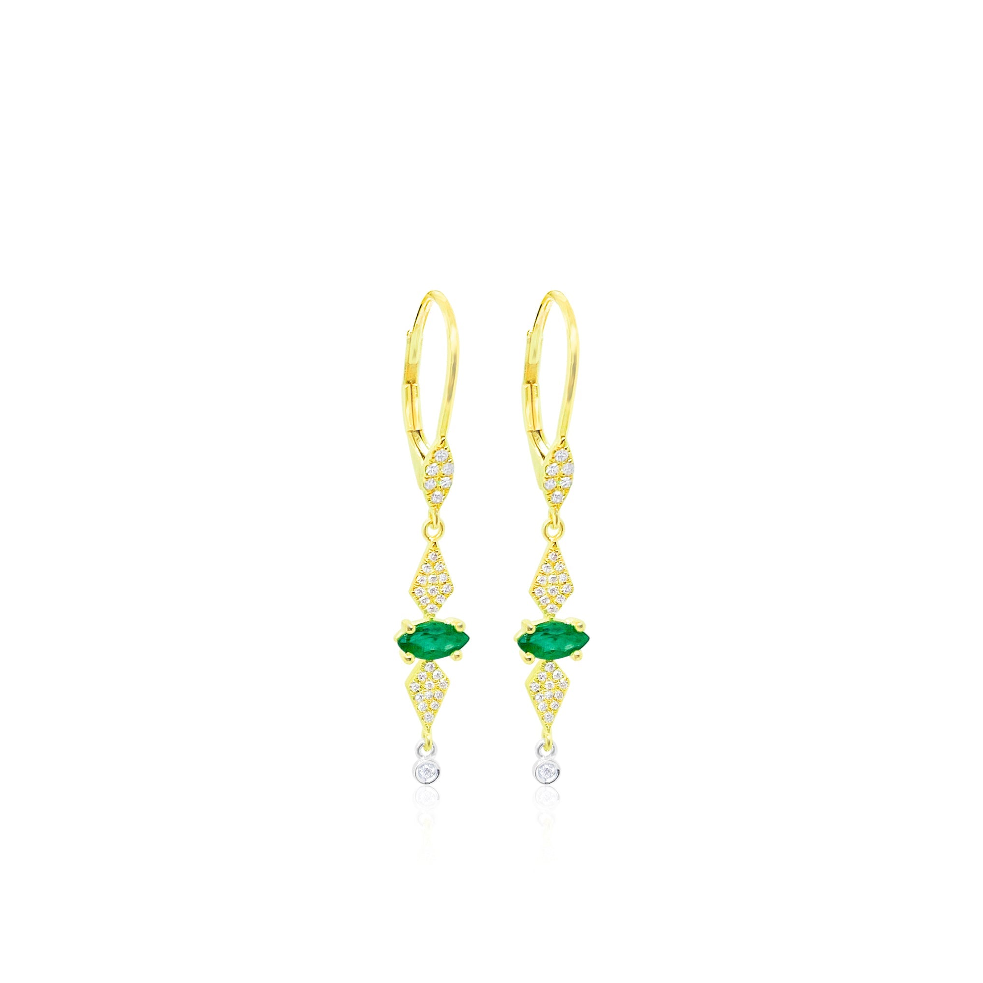 14Kt Yellow Gold Diamond Marquis Shape Emerald Dangle Gemstone Earrings | Yellow Gold
