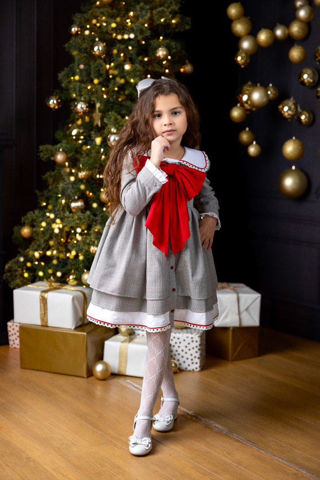 Baby Girls | Georgina Print Dress with Bow | Tartan & Red