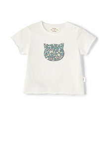 T-Shirt with Patterned Kitten | Latte/Salvia