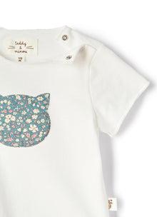 T-Shirt with Patterned Kitten | Latte/Salvia