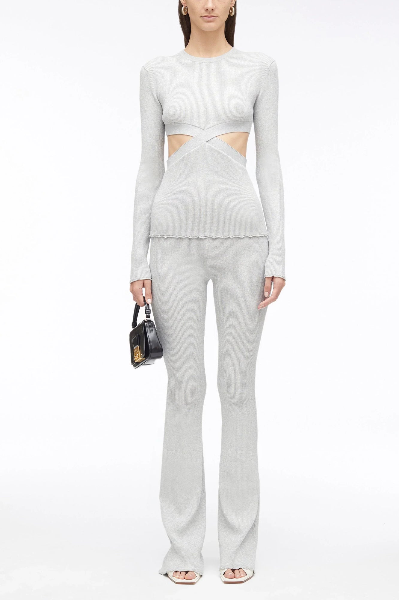 Marled Lurex Crossover Cut Out Pullover | Light Grey Melange/Light Blue
