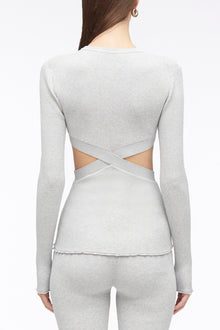 Marled Lurex Crossover Cut Out Pullover | Light Grey Melange/Light Blue
