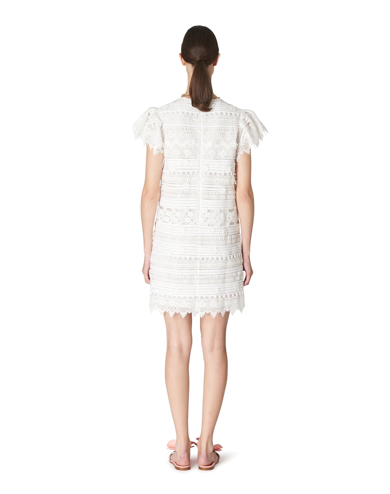 Embroidered Shift Mini Dress with Ruffle Sleeve | White