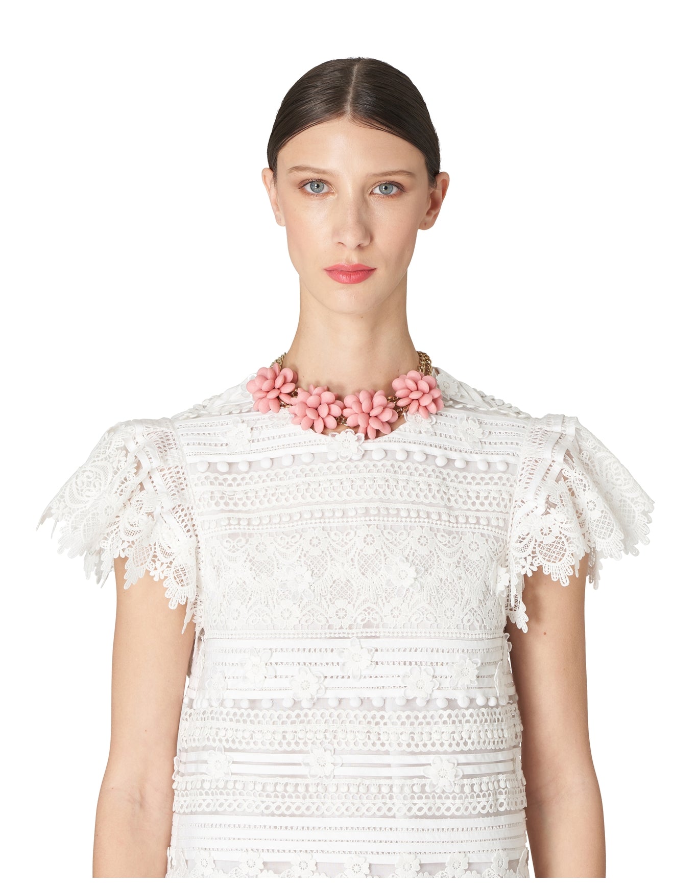 Embroidered Shift Mini Dress with Ruffle Sleeve | White