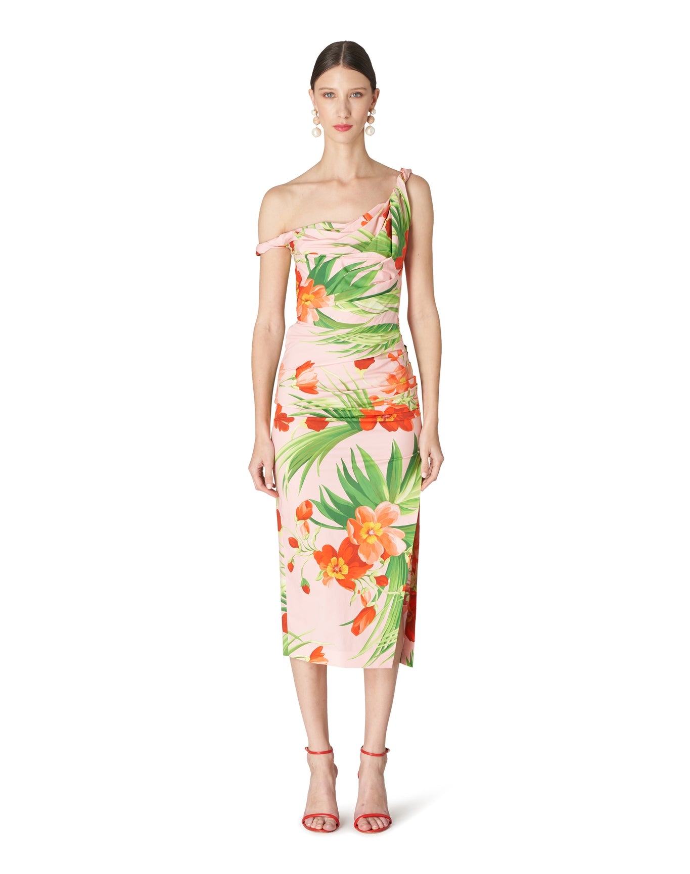 Off Shoulder Ruched Bodice Dress with Side Slit | Shell Pink Multi