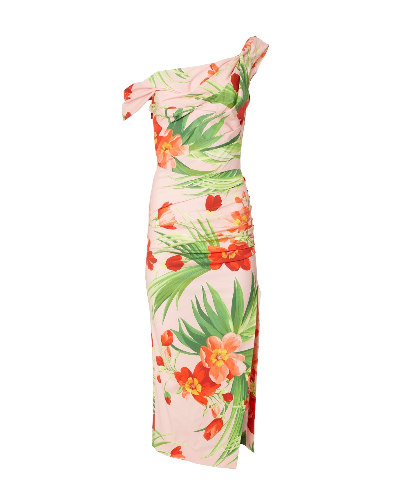 Off Shoulder Ruched Bodice Dress with Side Slit | Shell Pink Multi