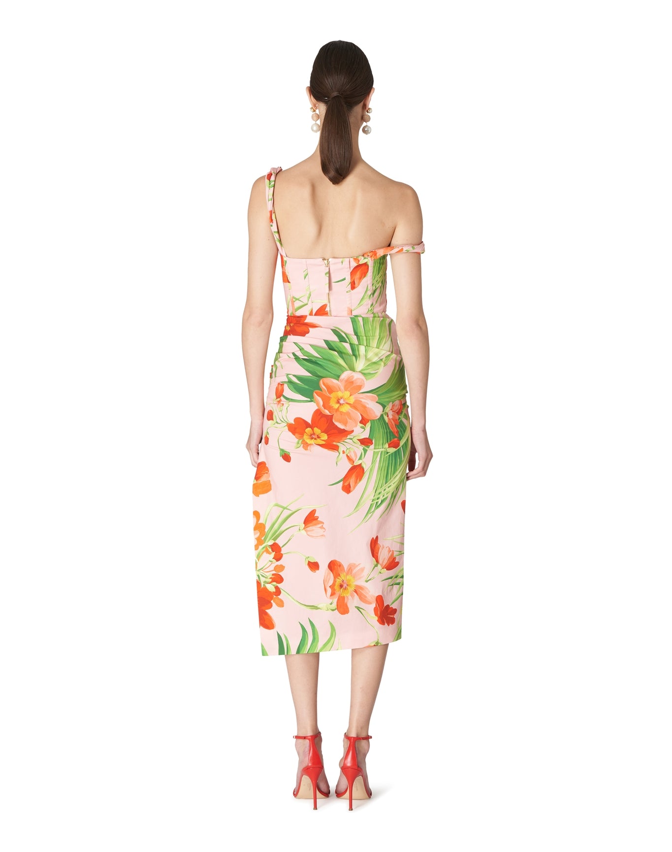 Off Shoulder Ruched Bodice Dress with Side Slit | Shell Pink Multi