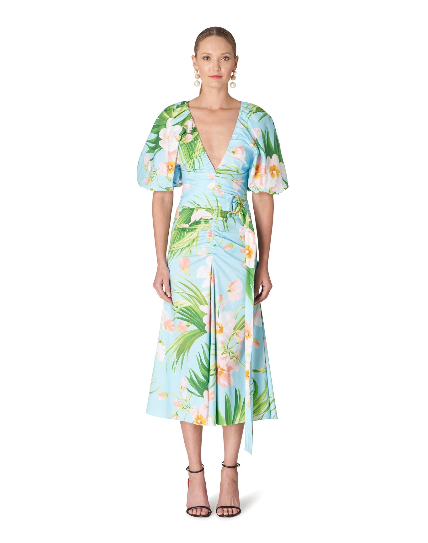 Short Sleeve Ruched Front Seam Dress Withslit + Belt | Aquamarine Multi