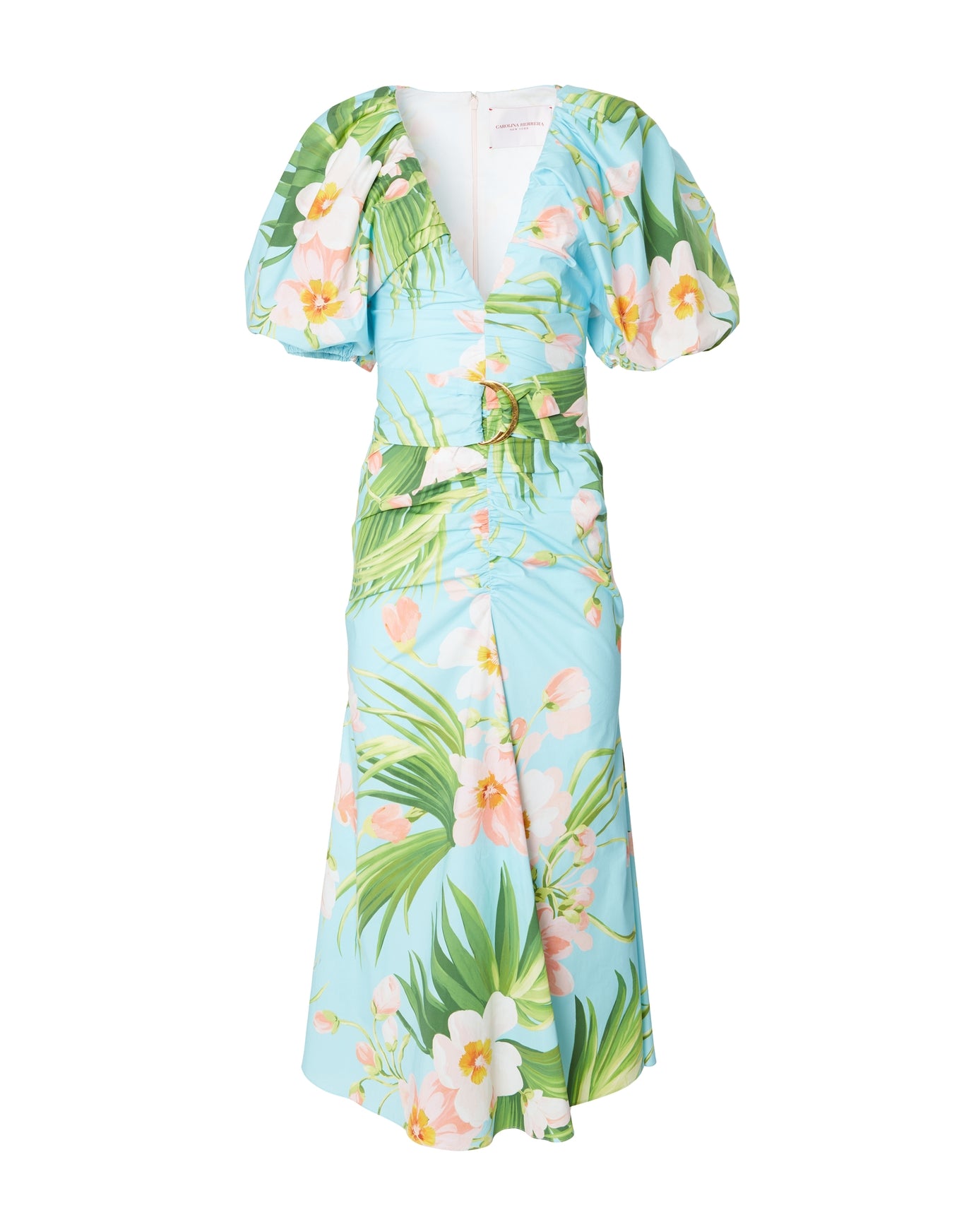 Short Sleeve Ruched Front Seam Dress Withslit + Belt | Aquamarine Multi
