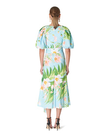 Short Sleeve Ruched Front Seam Dress Withslit + Belt | Aquamarine Multi