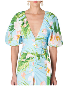 Short Sleeve Ruched Front Seam Dress Withslit + Belt | Aquamarine Multi