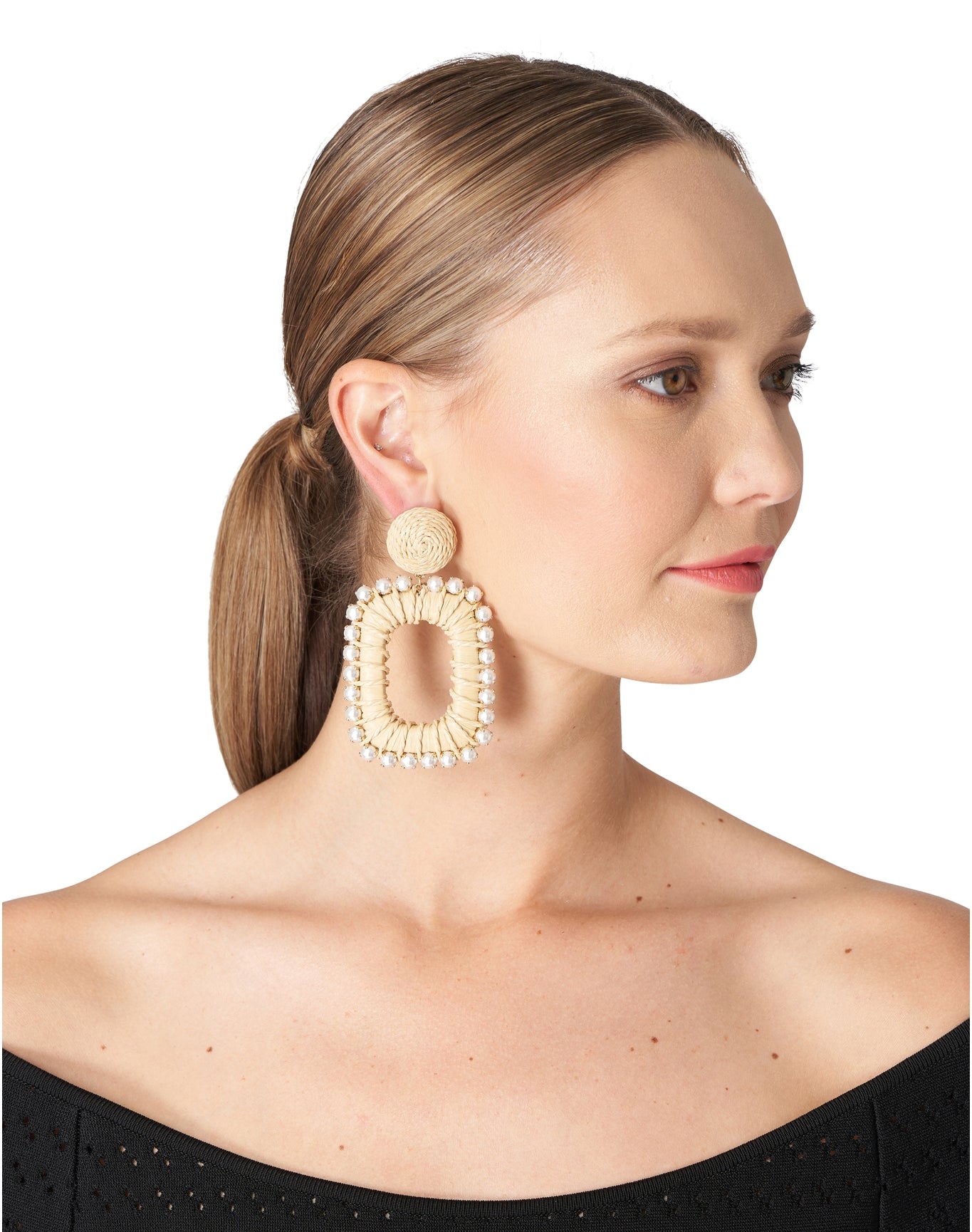Raffia Wrapped Chain Earring | Natural x Pearl
