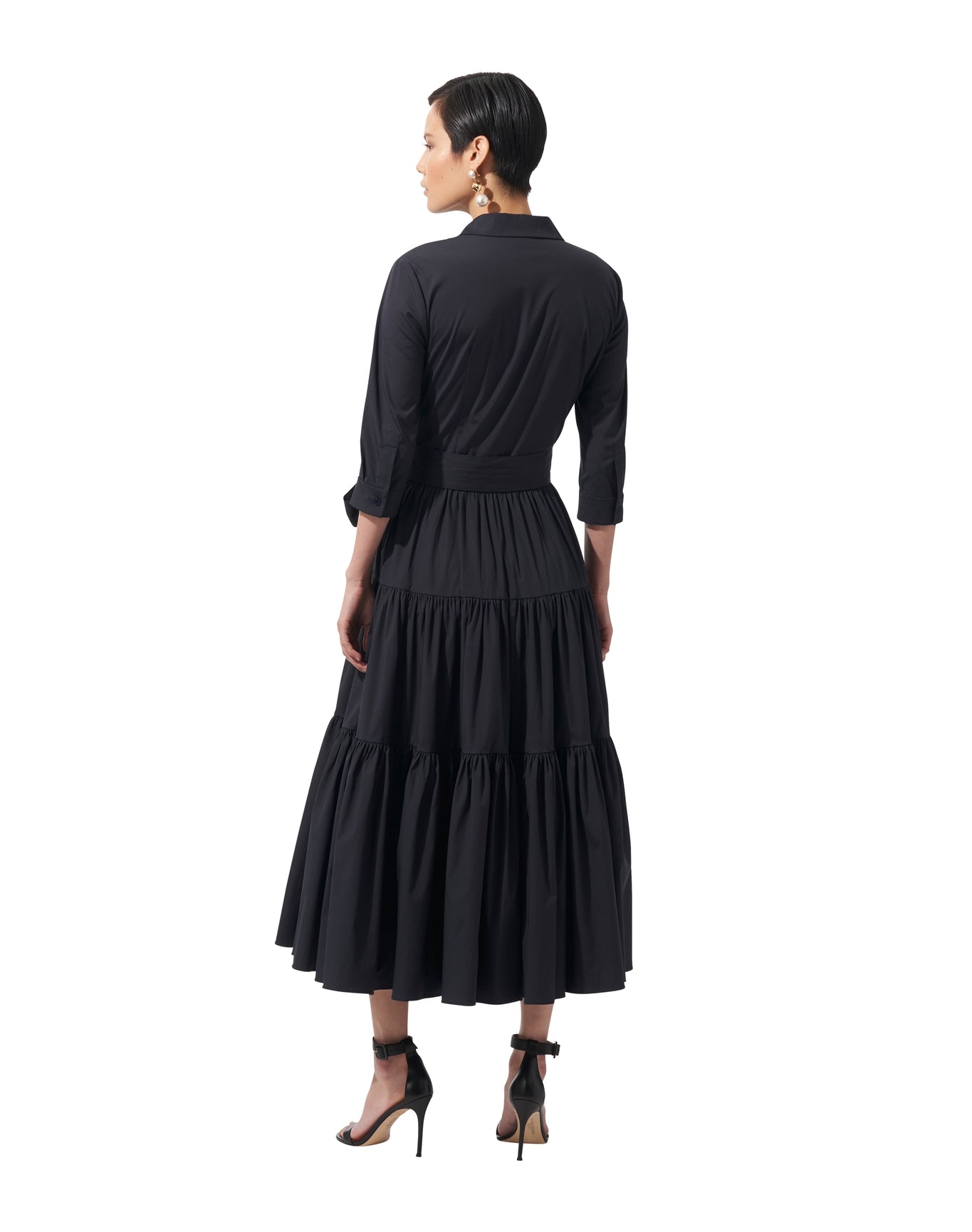 3/4 Sleeve Button Front Tiered Shirt Dress | Midnight