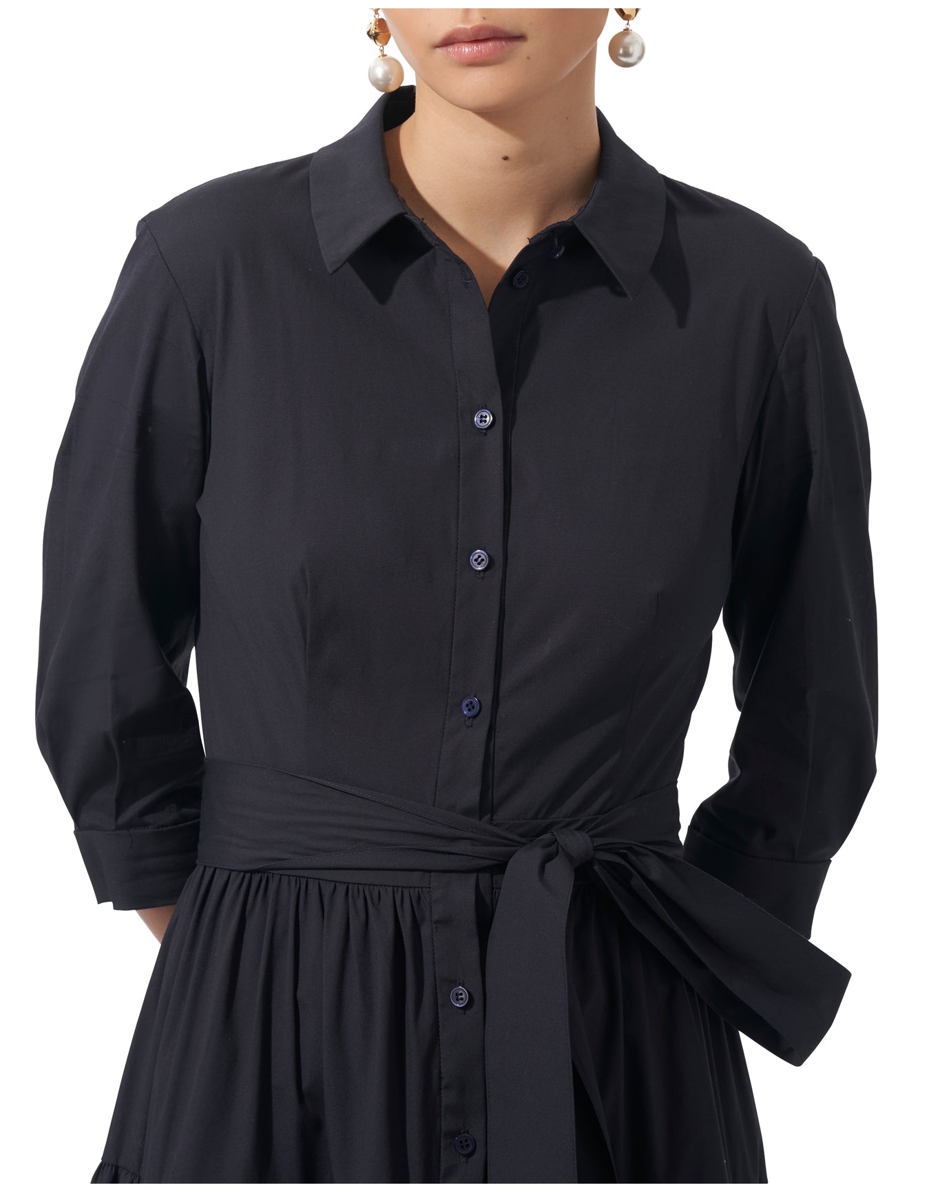 3/4 Sleeve Button Front Tiered Shirt Dress | Midnight
