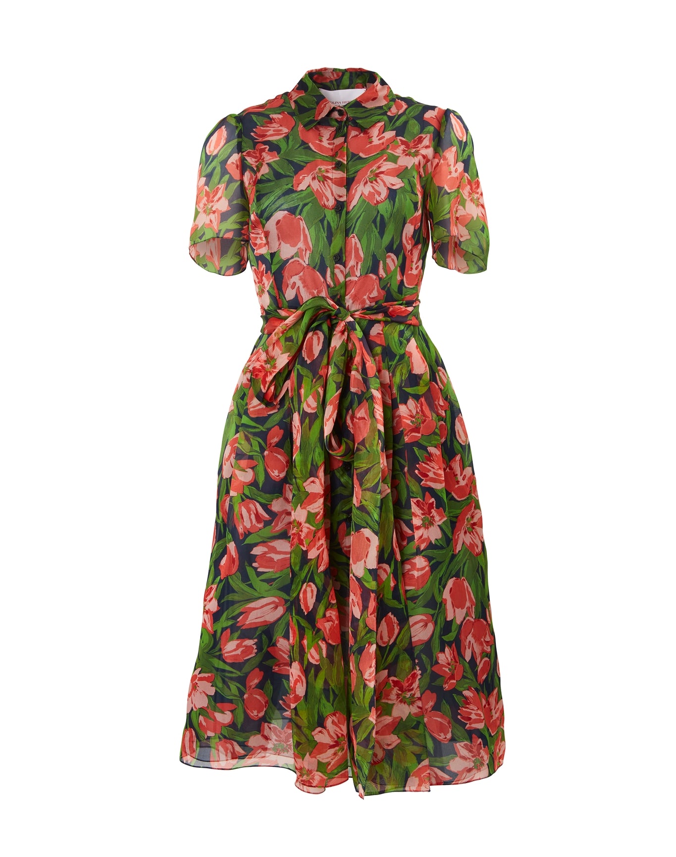 Short Sleeve Button Down Collared Midi Dress with Belt | Midnight Multi