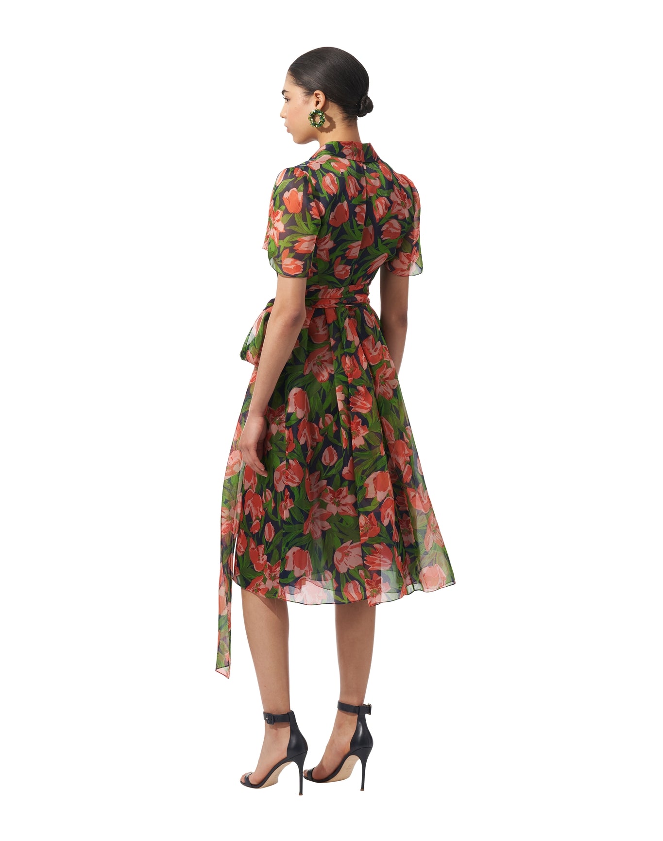 Short Sleeve Button Down Collared Midi Dress with Belt | Midnight Multi