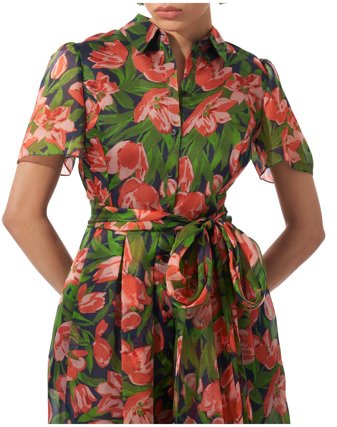 Short Sleeve Button Down Collared Midi Dress with Belt | Midnight Multi