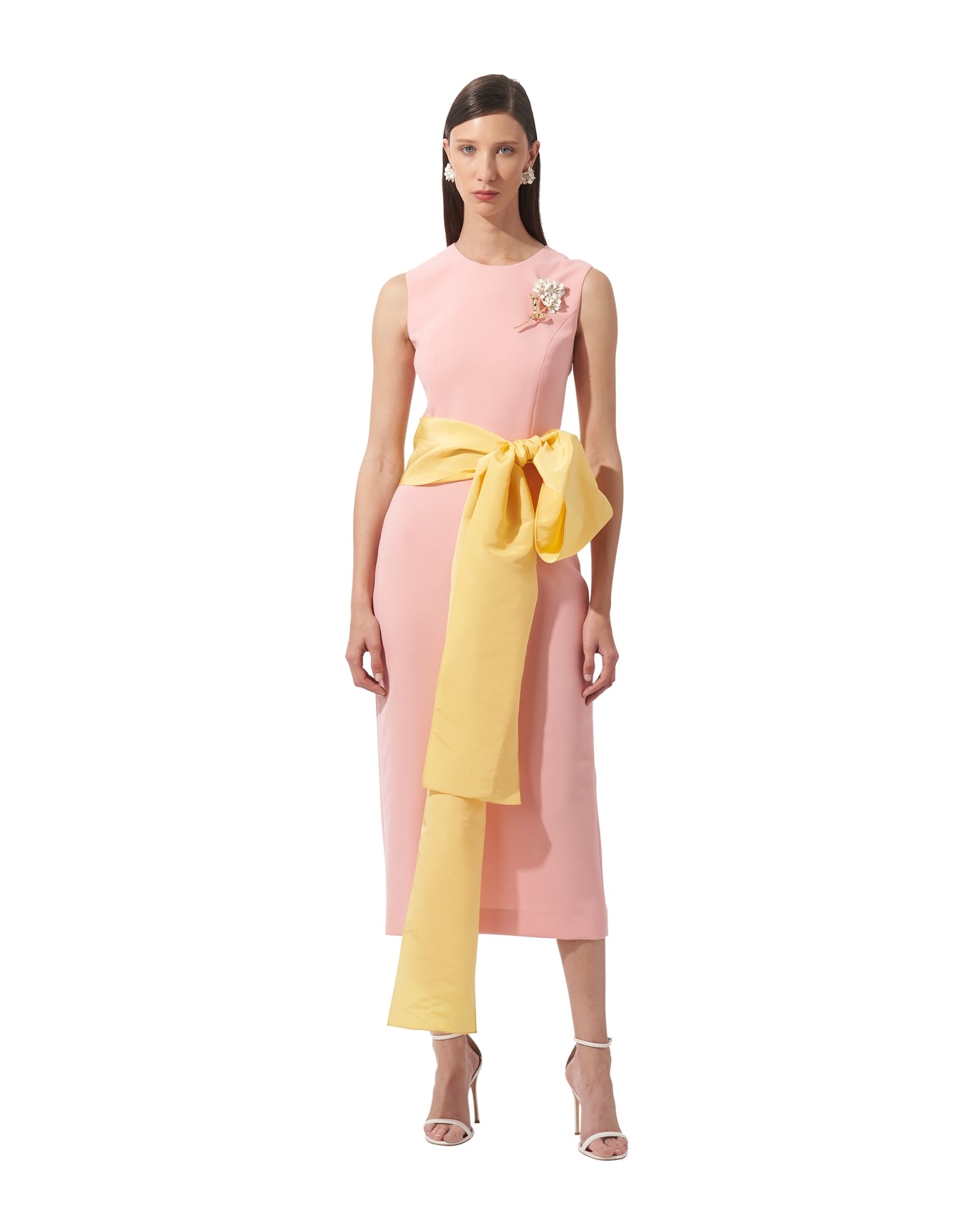 Sleeveless Crewneck Midi Dress with Sash | Shell Pink Multi