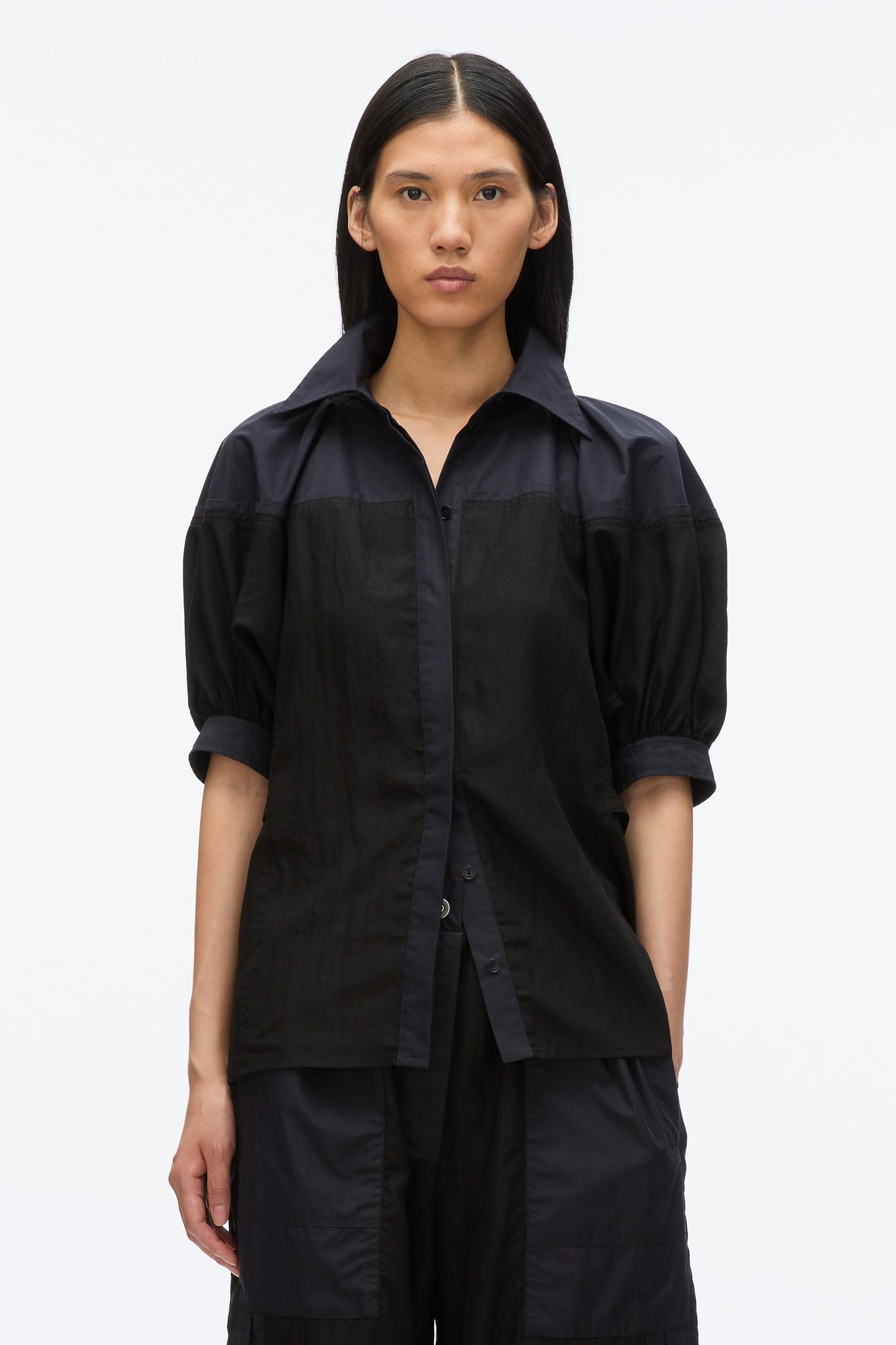 Lantern Sleeve Combo Shirt | Black/Midnight