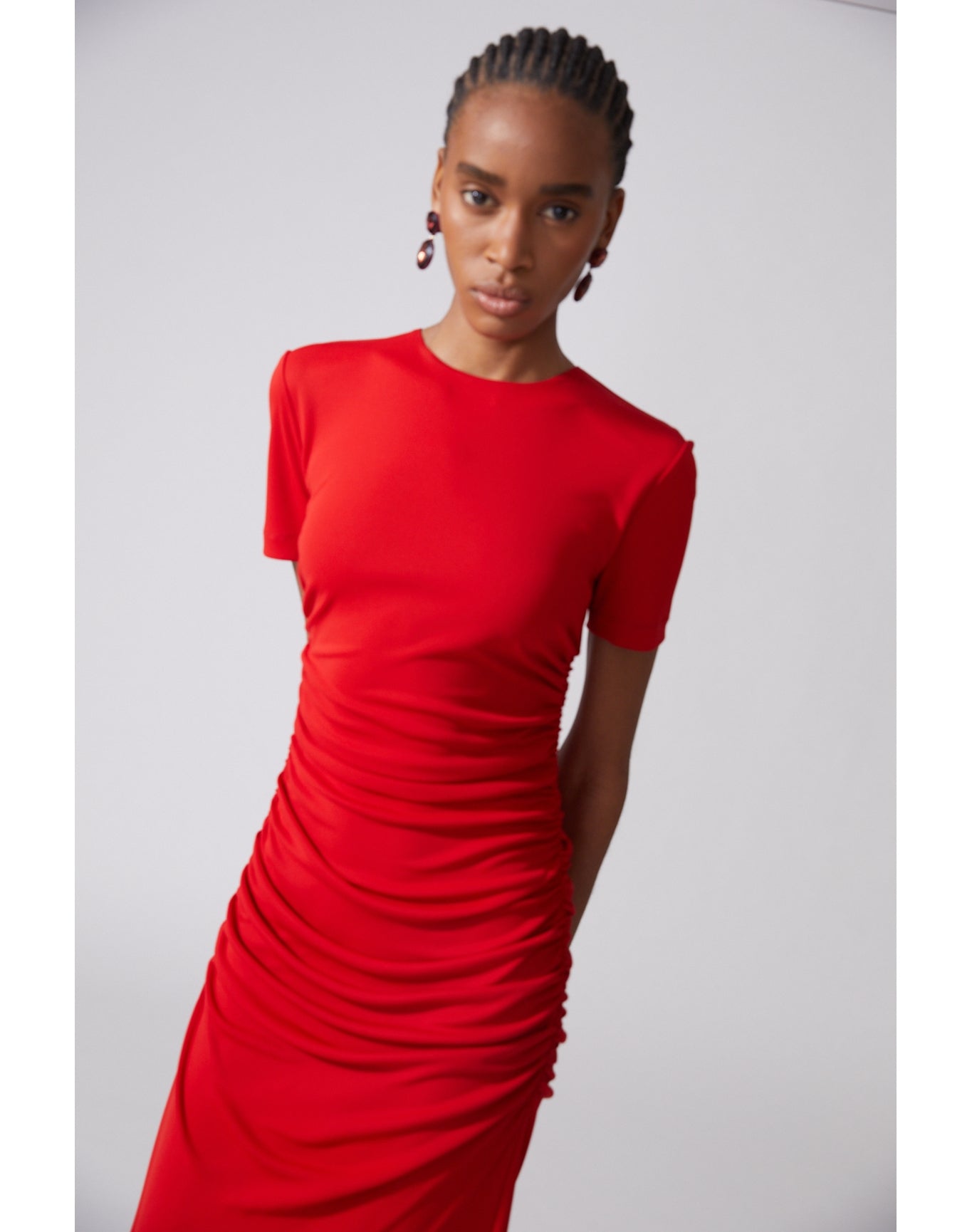 open lace back dress ARIANA RUCHED LONG SLEEVE FUNNEL NECK MIDI DRESS – AKIRA main image 1