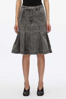 Flounce Hem Belted Denim Skirt | Washed Grey