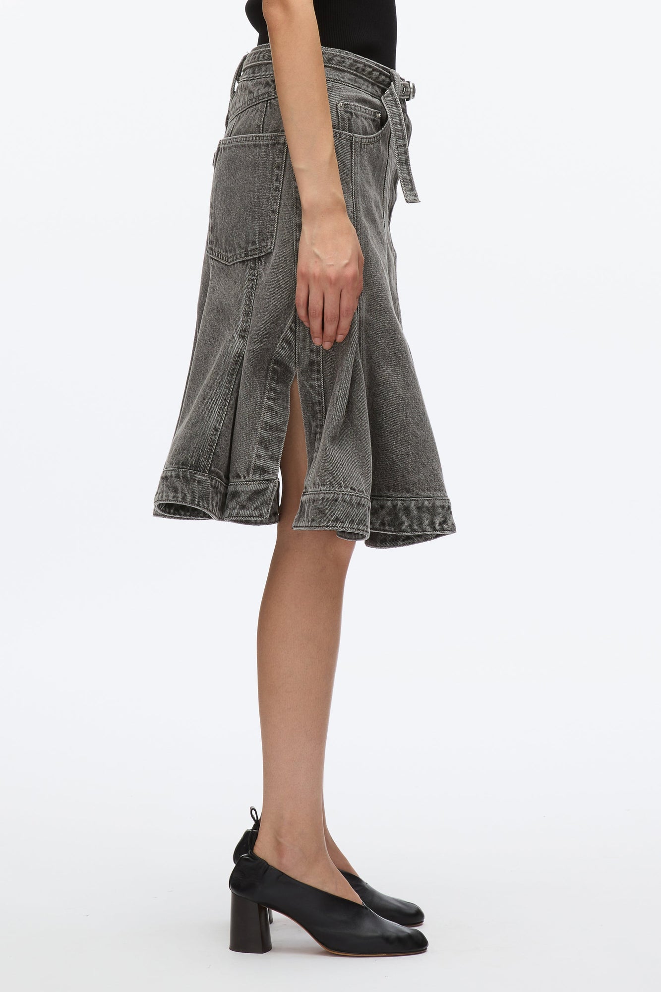 Flounce Hem Belted Denim Skirt | Washed Grey