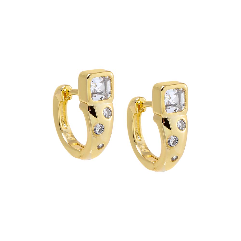 Gold Chunky CZ Baguette Embedded Bezel Huggie Earring - Adina's Jewels