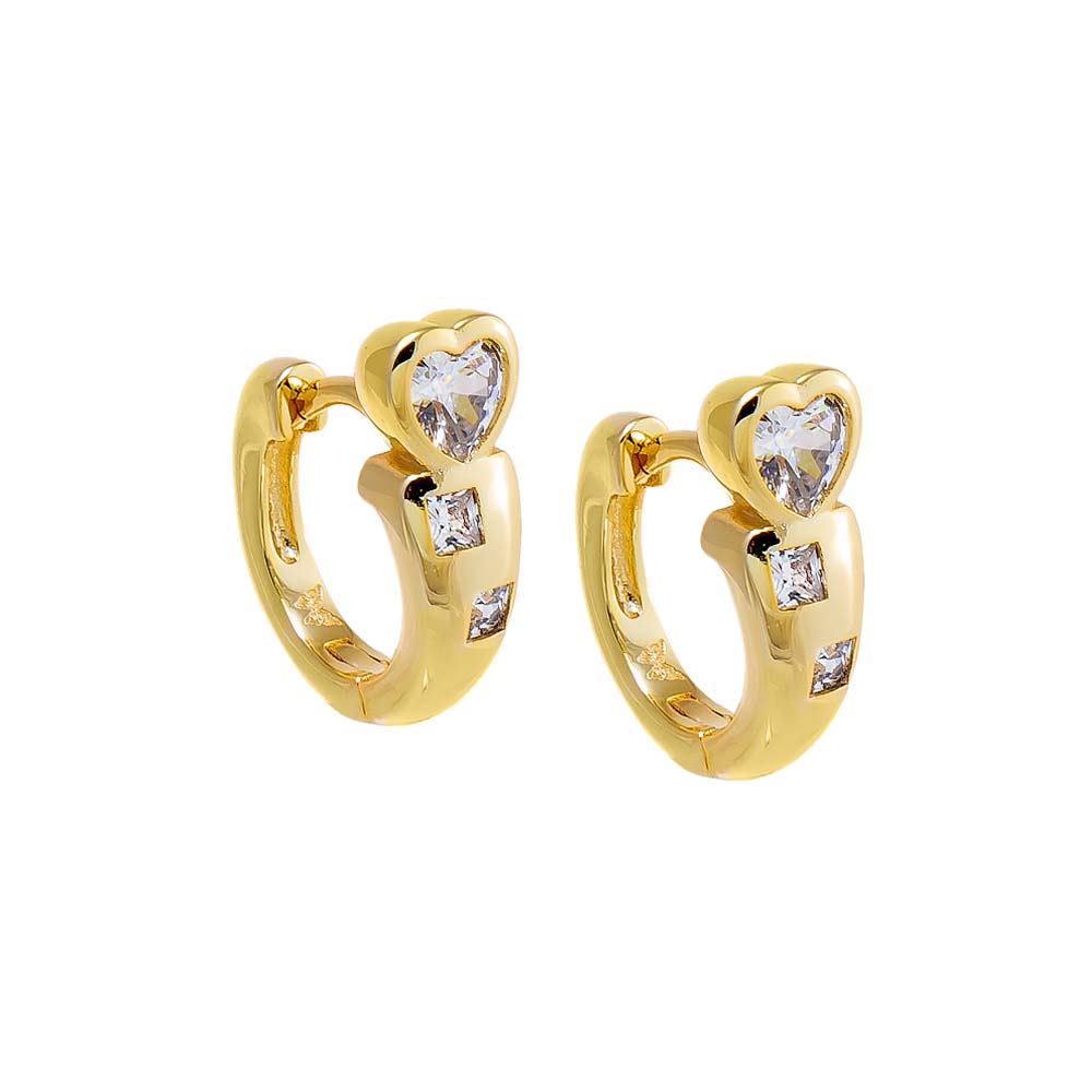 Gold Chunky CZ Heart Embedded Bezel Huggie Earring - Adina's Jewels