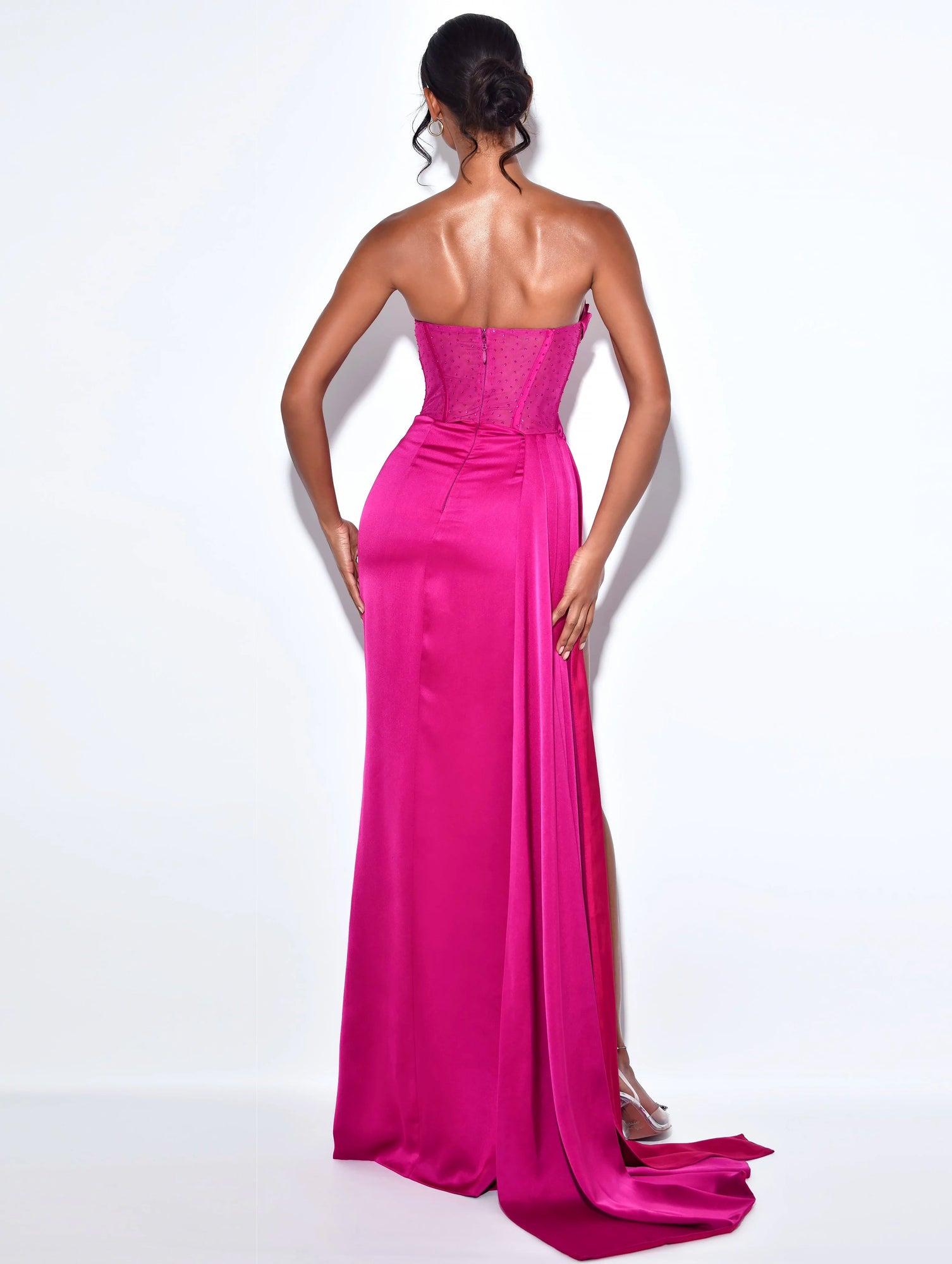 Holly Crystallized Corset High Slit Satin Gown | Fuchsia