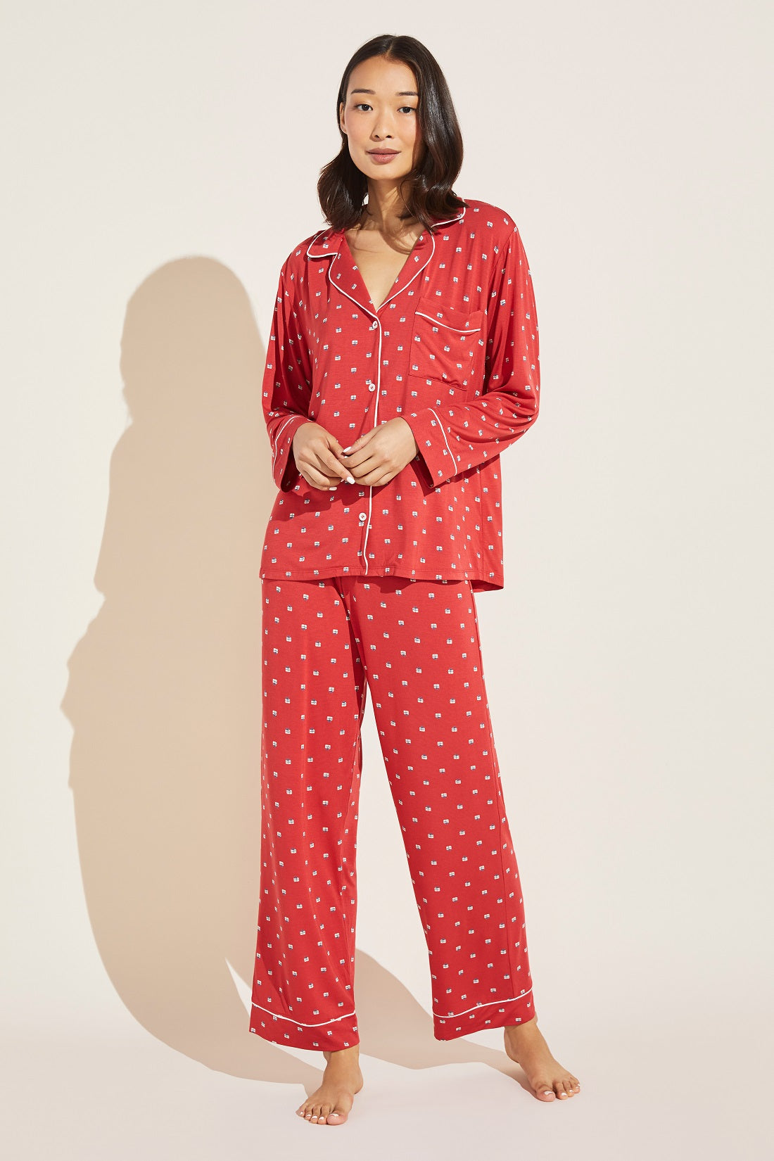 Gisele Printed TENCEL™ Modal Long PJ Set | Presents Haute Red x Bone