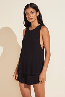 Model wears Elon Relaxed Rib Tank in black,