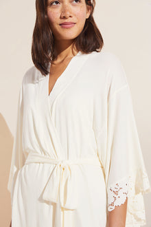 Model wears Naya TENCEL™ Modal Robe in ivory.