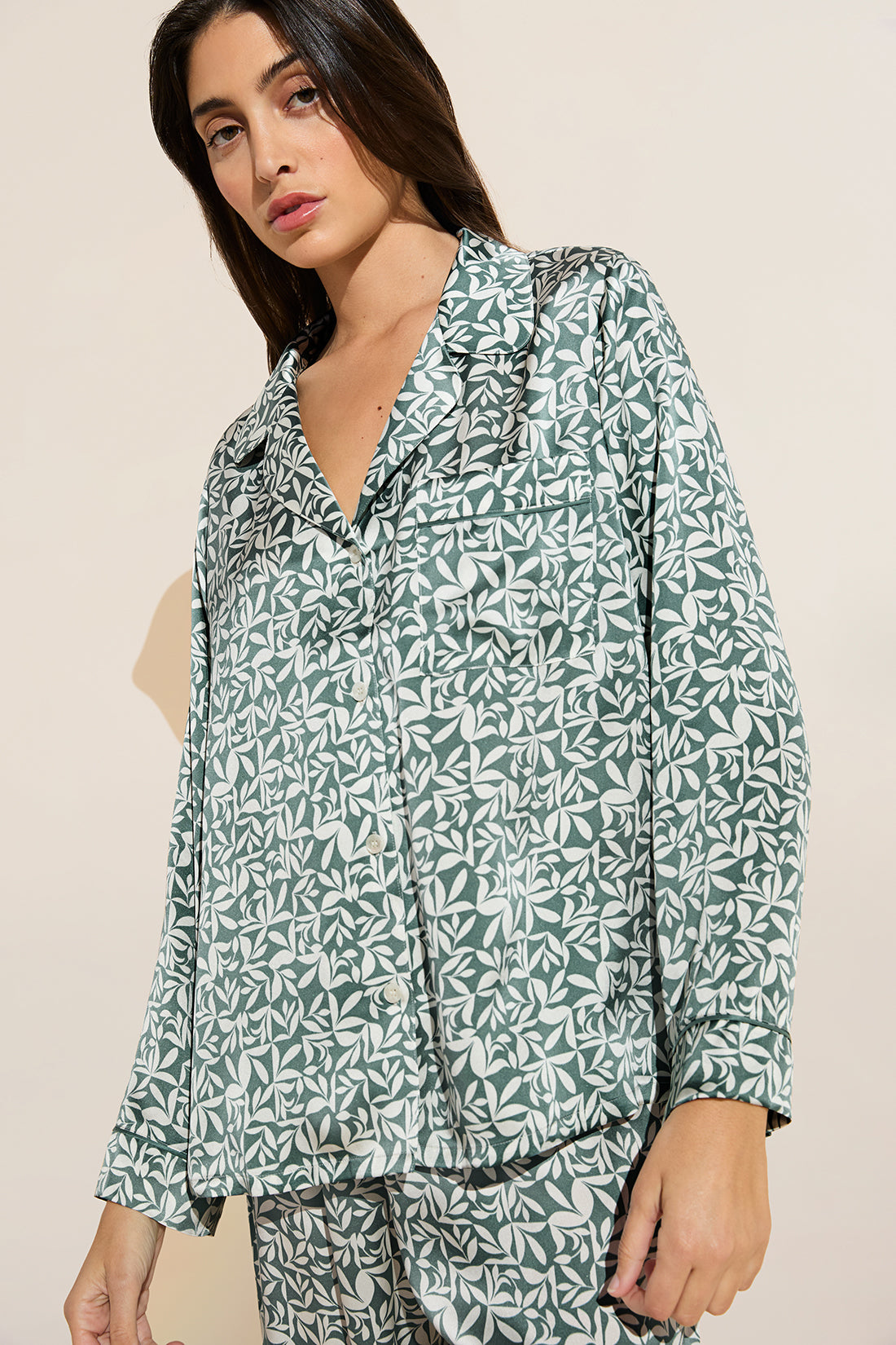Inez Washable Silk Printed Long PJ Set | Tropical Tile Agave/Agave