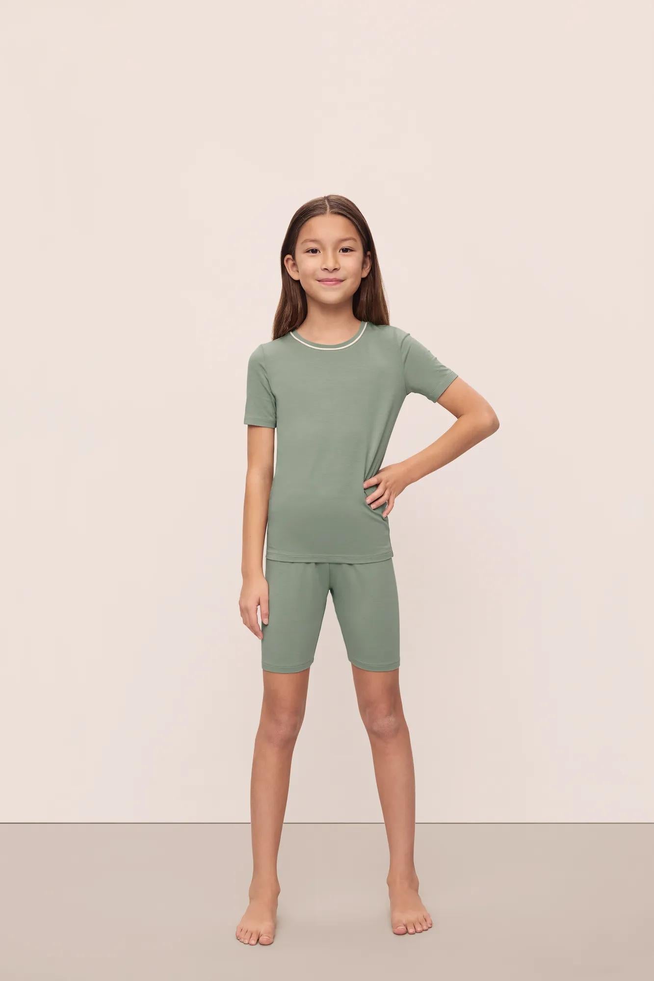 Kids | Tencel Modal Unisex Short PJ Set | Eucalyptus/Ivory