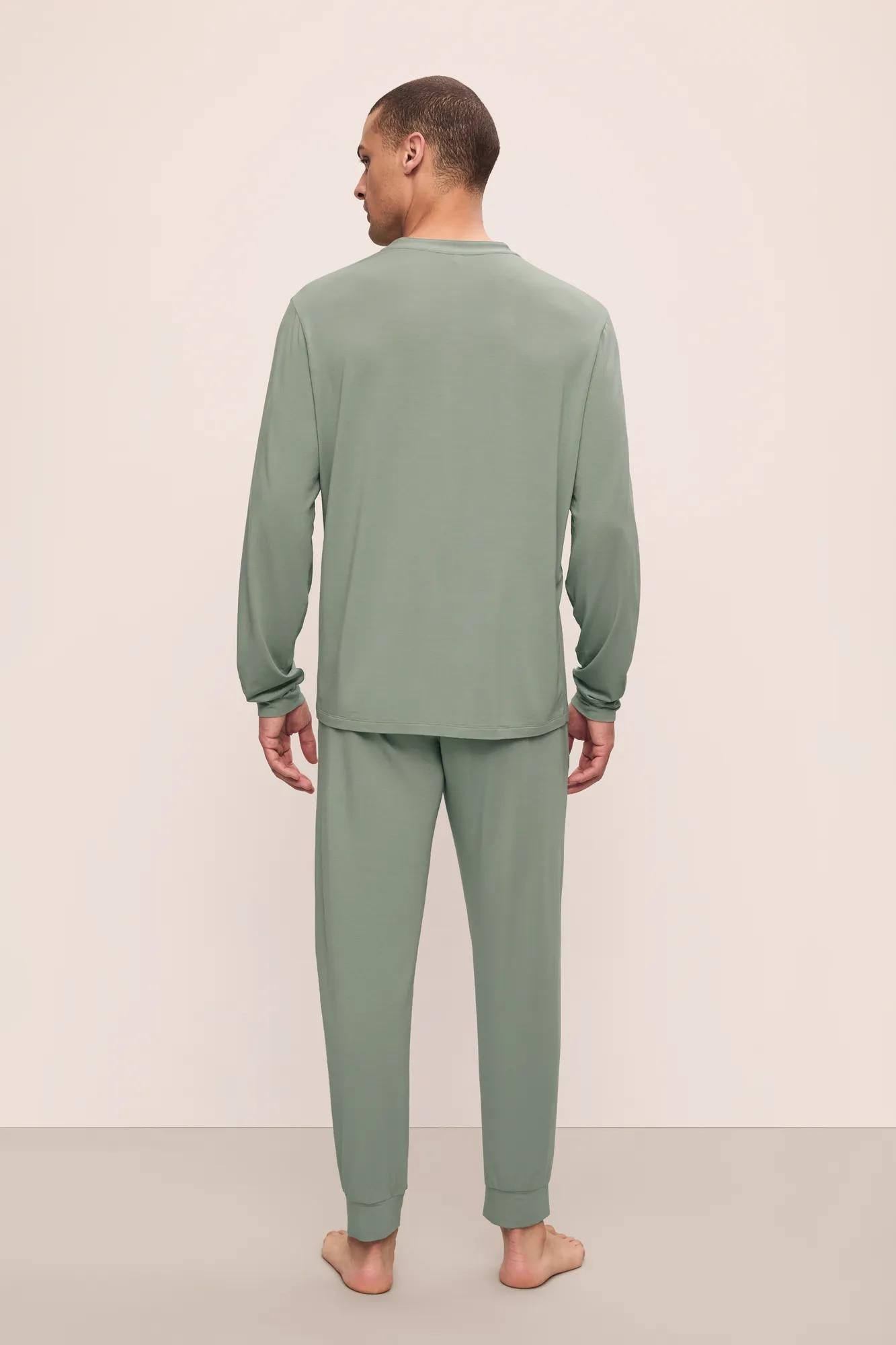 Model is wearing Henry TENCEL Modal Long PJ Set in Eucalyptus