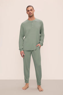 Model is wearing Henry TENCEL Modal Long PJ Set in Eucalyptus