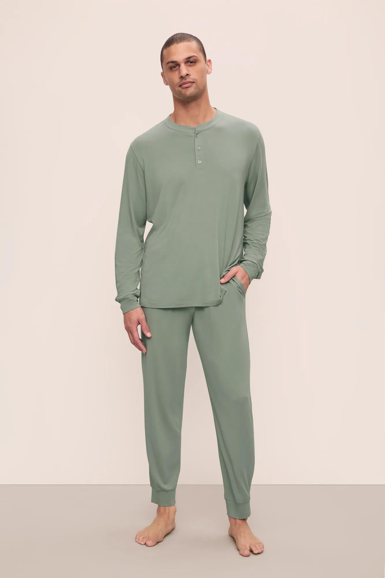 Model is wearing Henry TENCEL Modal Long PJ Set in Eucalyptus
