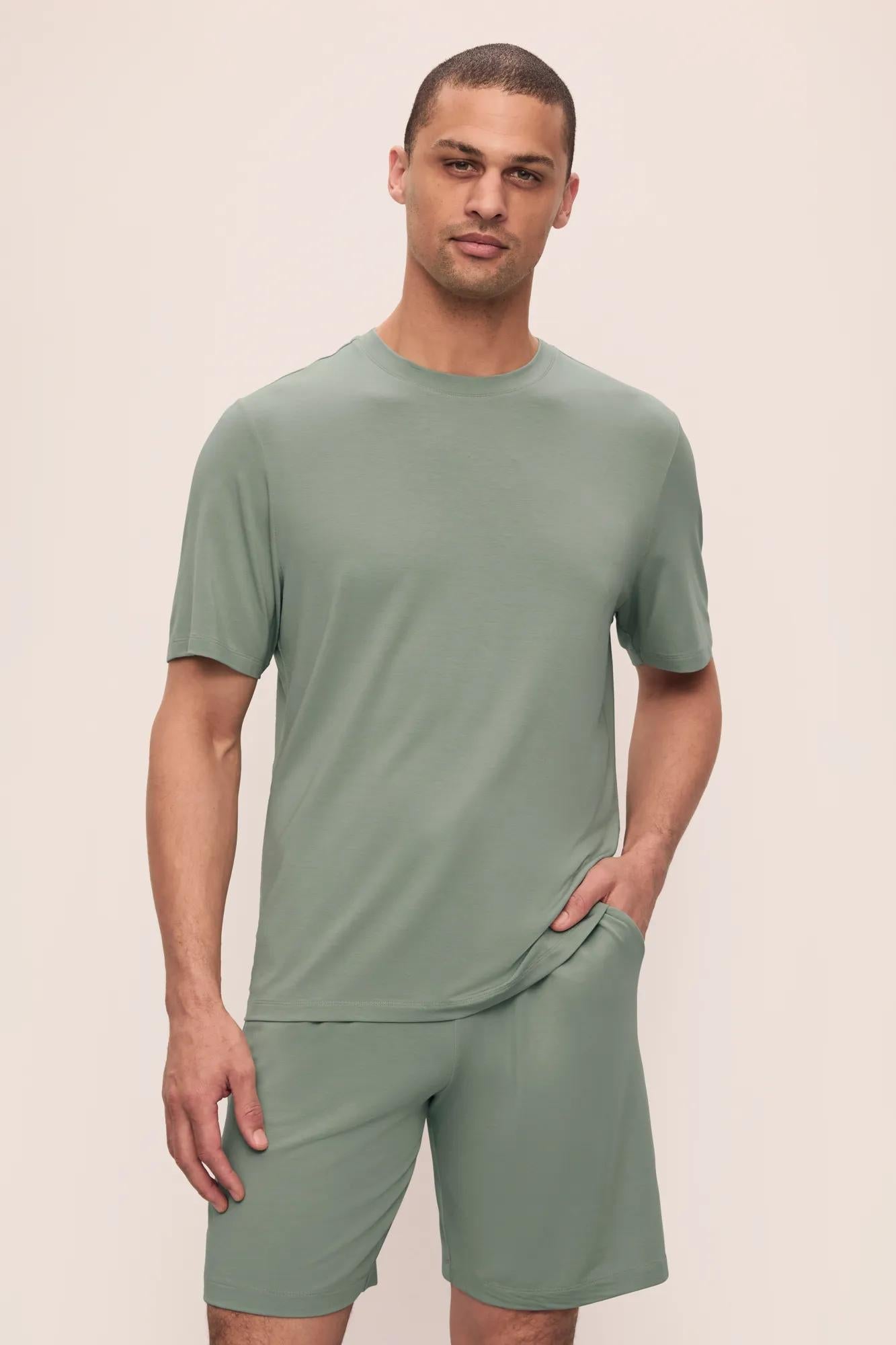 Model is wearing Henry TENCEL Modal TENCEL Modal Short PJ Set in Eucalyptus