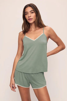 Model is wearing Frida TENCEL Modal Cami & Short PJ Set in Eucalyptus/Ivory