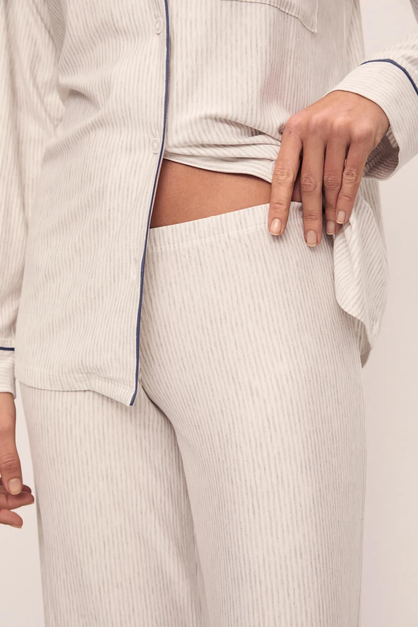 Model is wearing Gisele Printed TENCEL Modal Long PJ Set in Heritage Stripe Light Heather Grey/Peppercorn