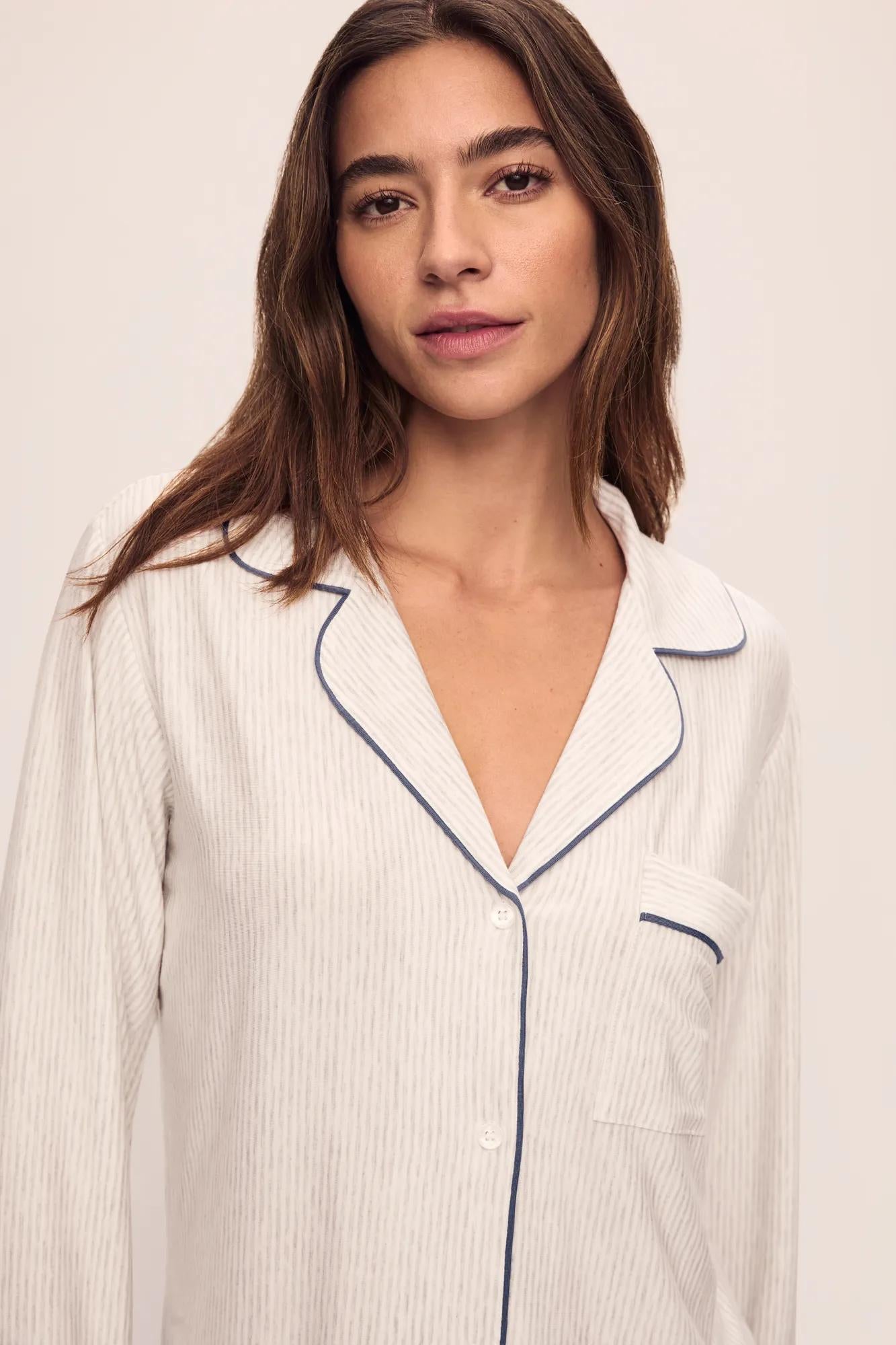 Model is wearing Gisele Printed TENCEL Modal Long PJ Set in Heritage Stripe Light Heather Grey/Peppercorn