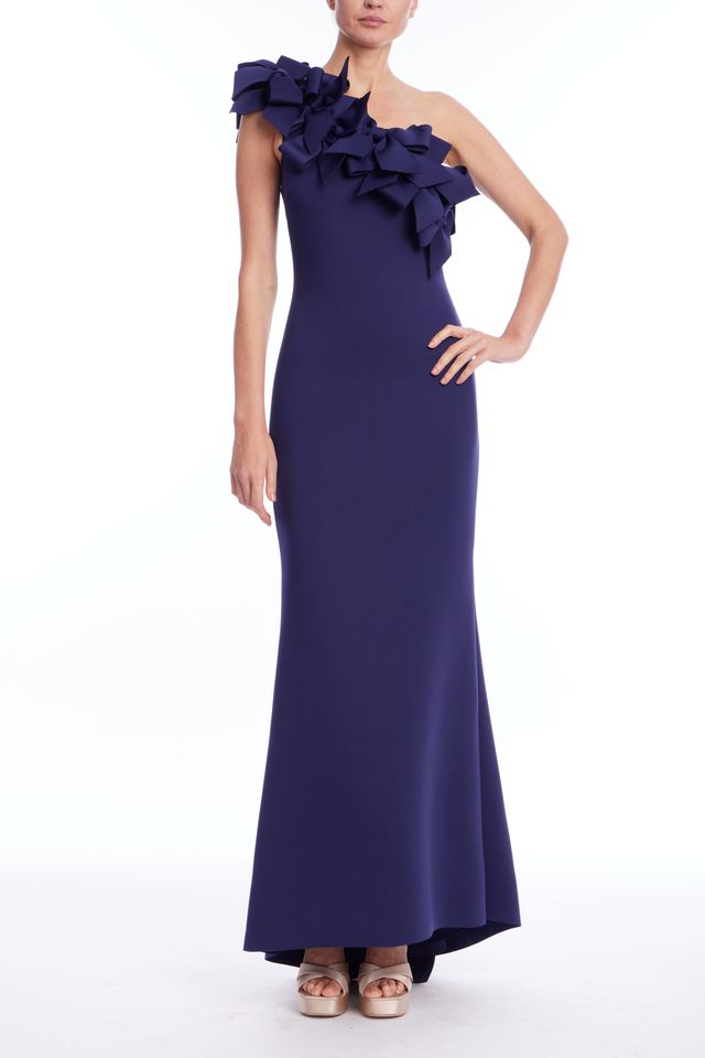 Badgley Mischka | 3D Bow One Shoulder Column Gown | Navy