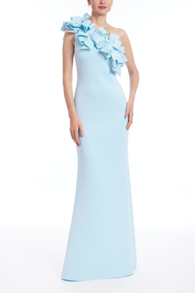 Badgley Mischka | 3D Bow One Shoulder Column Gown | Hydra Blue