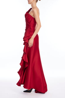 Badgley Mischka | Cascade Ruffle One-Shoulder Mikado Gown | Red