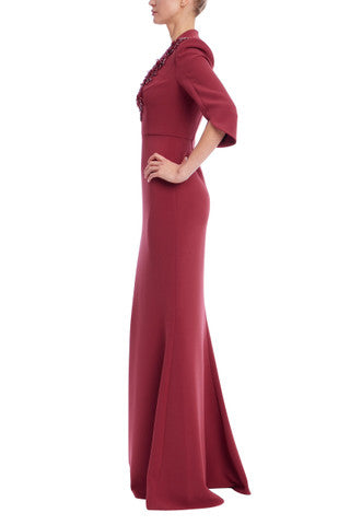 Badgley Mischka | Embellished Plunge-Neck Gown with Split Bell Sleeves | Burgundy