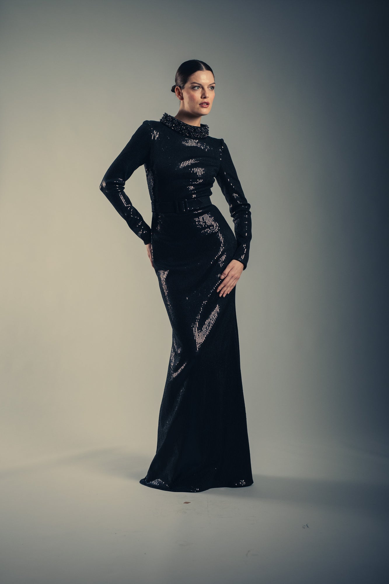 Badgley Mischka | Long Sleeve Mock Neck Sequin Gown | Black