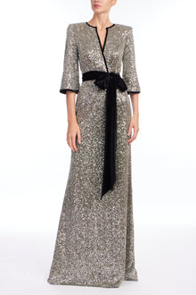 Badgley Mischka | Velvet Trim Sequin Gown | Gunmetal