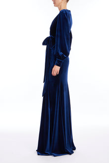 Badgley Mischka | Navy Velvet Drape Gown with Puffed Sleeves | Navy